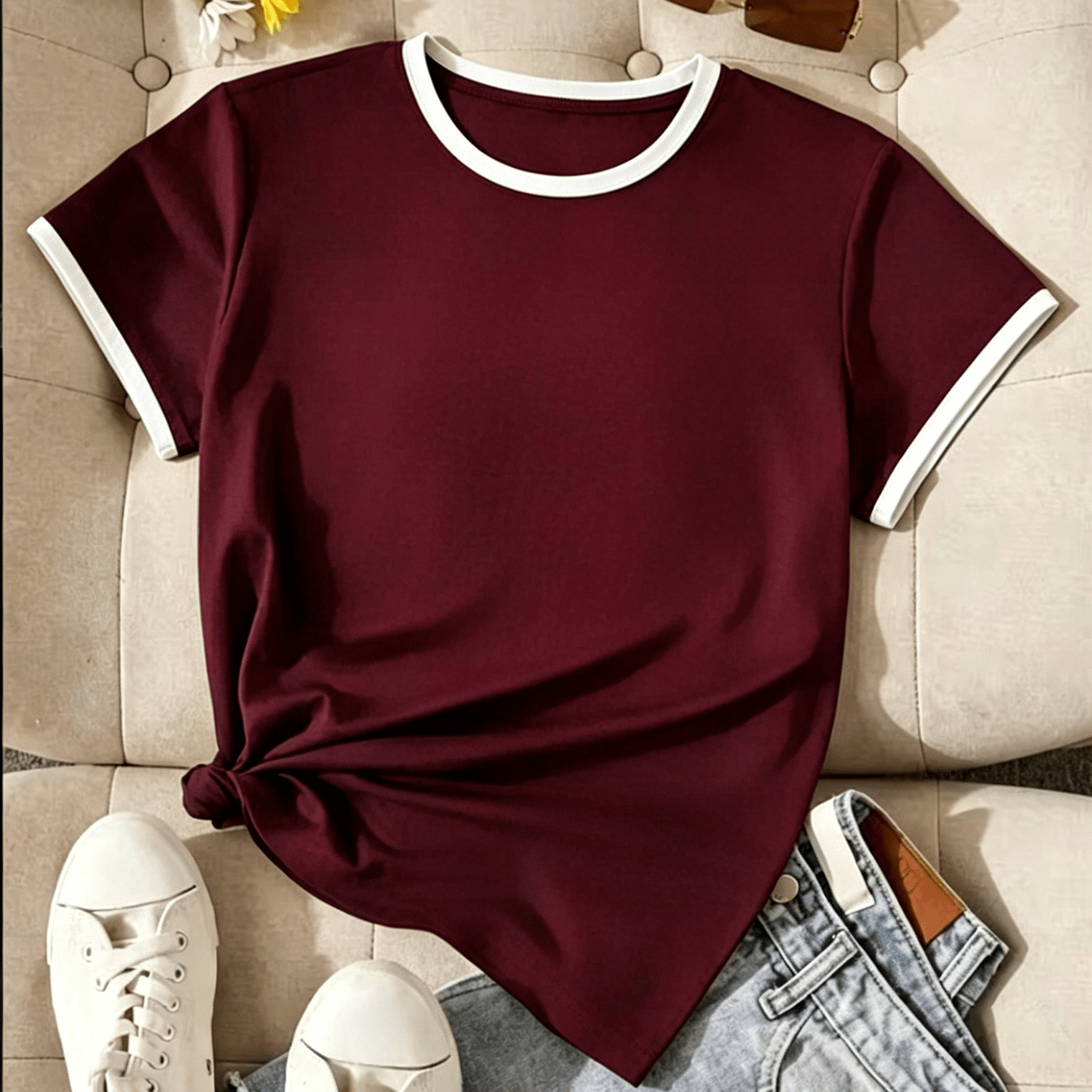 TEMU Plus Size, Plus Size Women's -compatible Loose Fit Round Neck T-shirt - Short Sleeve Binding Neckline & Sleeve Top, Breathable Summer Binding,