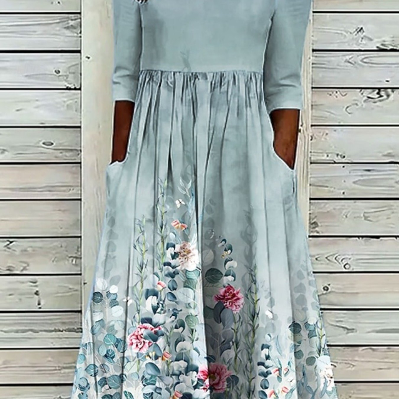 Image of Women's Retro Color-block Floral Print Round-neck Pocket Casual Midi Dress