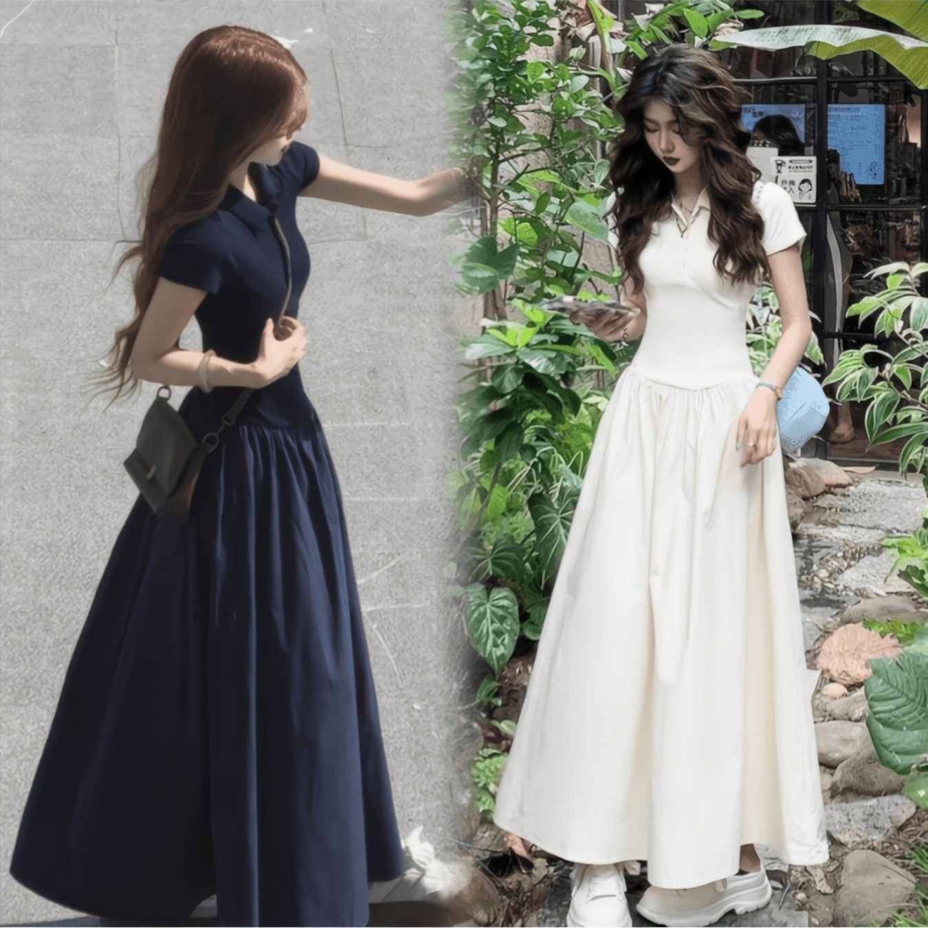 TEMU 【商品名】夏のフレンチスタイル ポロカラー パッチワークドレス、トな半袖ルーズスイングドレス、ス＆レイジー ロングドレス、通勤やお出かけに最適な日本風、万能、優しいロングドレス