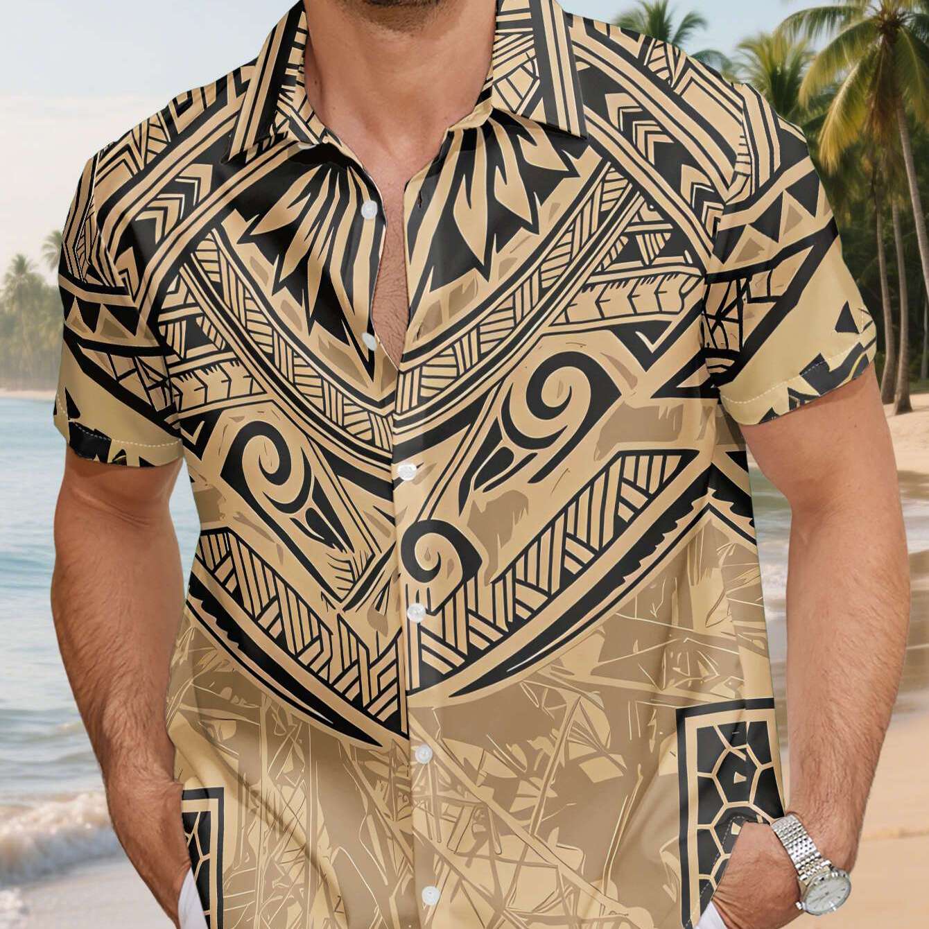 TEMU Men's Casual Short Sleeve Shirt, Brown Base With Black Stripes, With Polynesian Style Geometric Totem Patterns, Machine Washable , Fashion