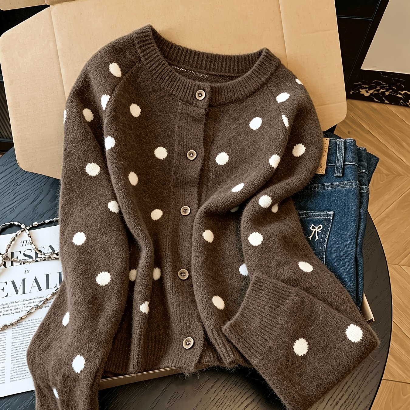 TEMU Cardigan joli et élégant de style coréen à et à col rond