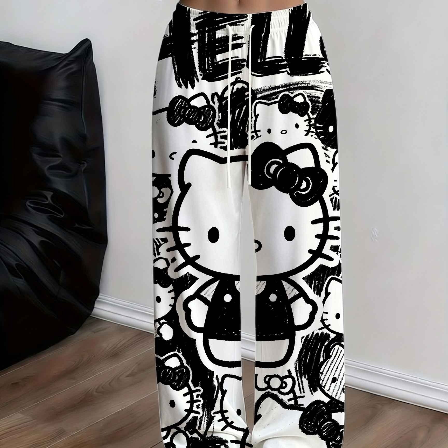 TEMU Plus Size Women Wide Leg Pants White Hello Kitty Print And Text Straight Leg Pants Casual Wear Full Printed