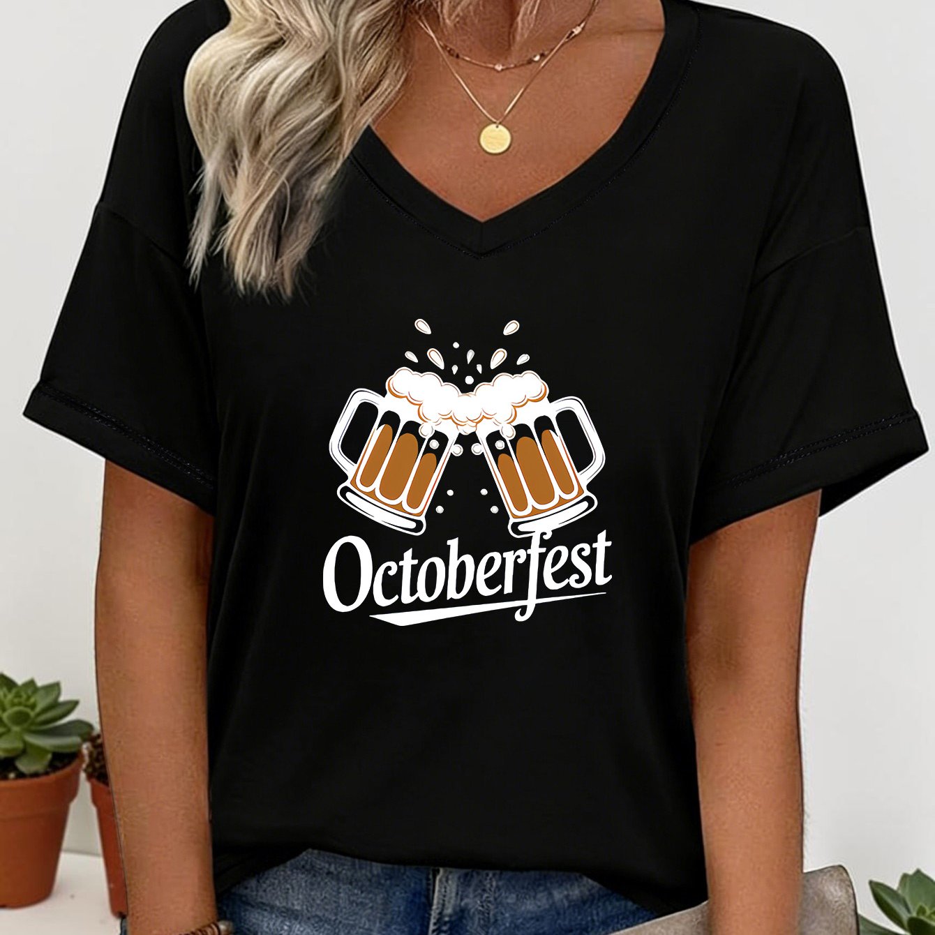 TEMU Plus Size - Oktoberfest Women's Size V-neck T-shirt, Easy Line Beer, Oktoberfest Festival Short Sleeve T-shirt, Munich Beer Easy Single Line