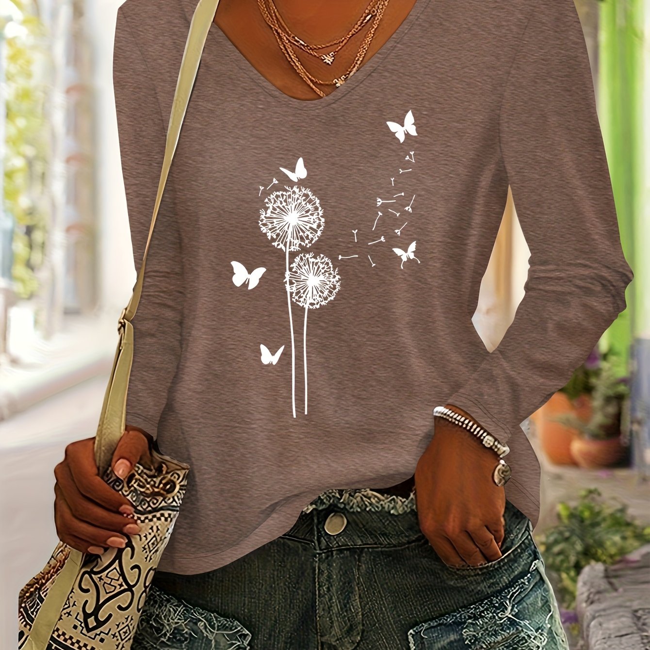 TEMU Dandelion And Pattern Printed Casual Western Style Women's Fall Winter Daily Versatile Fashion Comfortable V-neck Long Sleeve T-shirt
