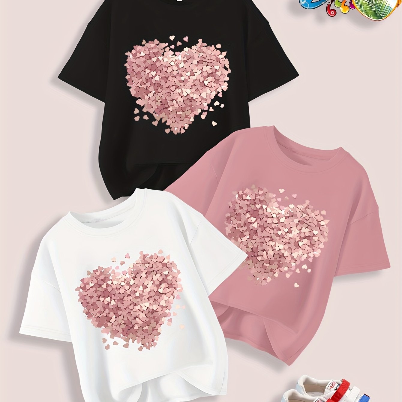 E-shop Dreiteiliges Mädchen Sommer Kreatives Bedrucktes Off-Shoulder Rundhals Kurzarm T-Shirt, Mädchen Sommer Top, T-Shirt