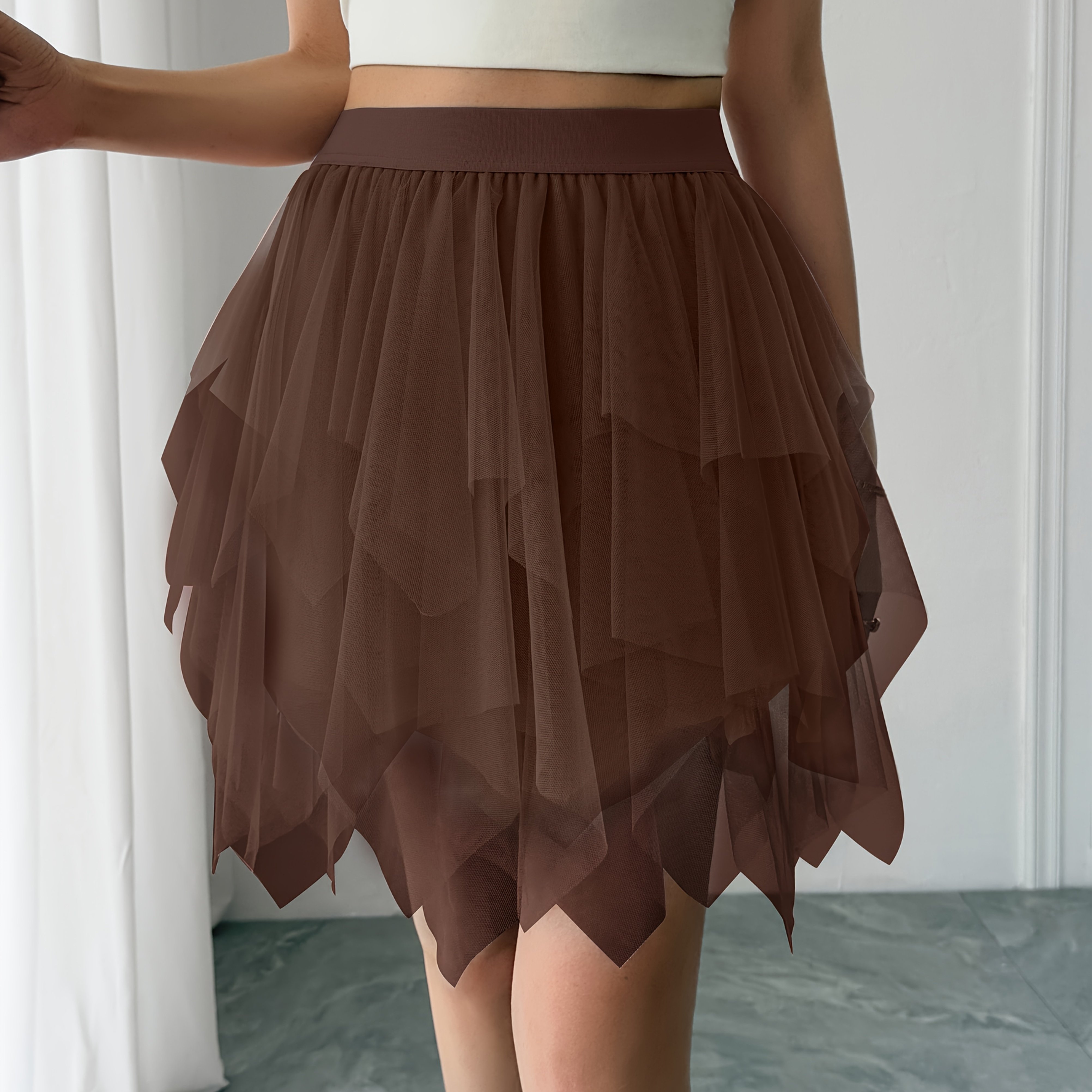 TEMU Solid Color Short Irregular Half Body Mesh Skirt
