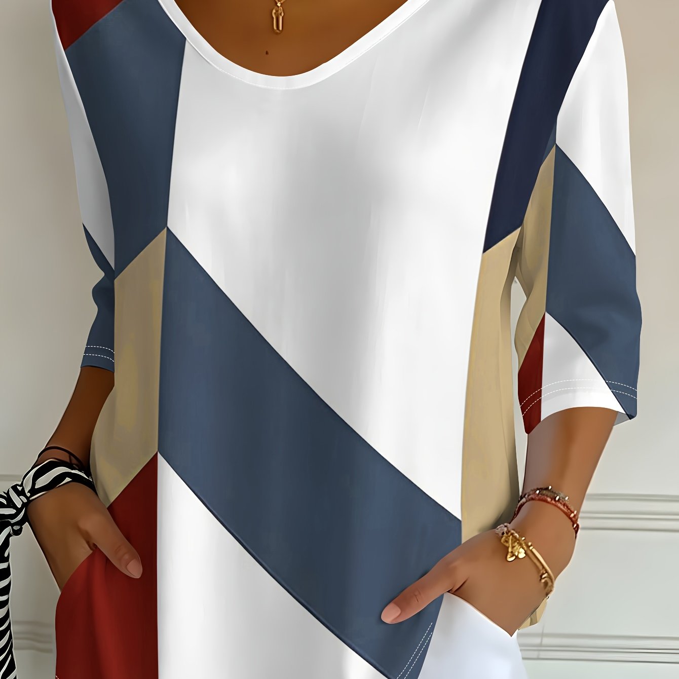 TEMU Women's V-neck Three-quarter Sleeve T-shirt With Geometric Color-block Pattern, Suitable For Travel And Vacation, Casual , And Light Casual