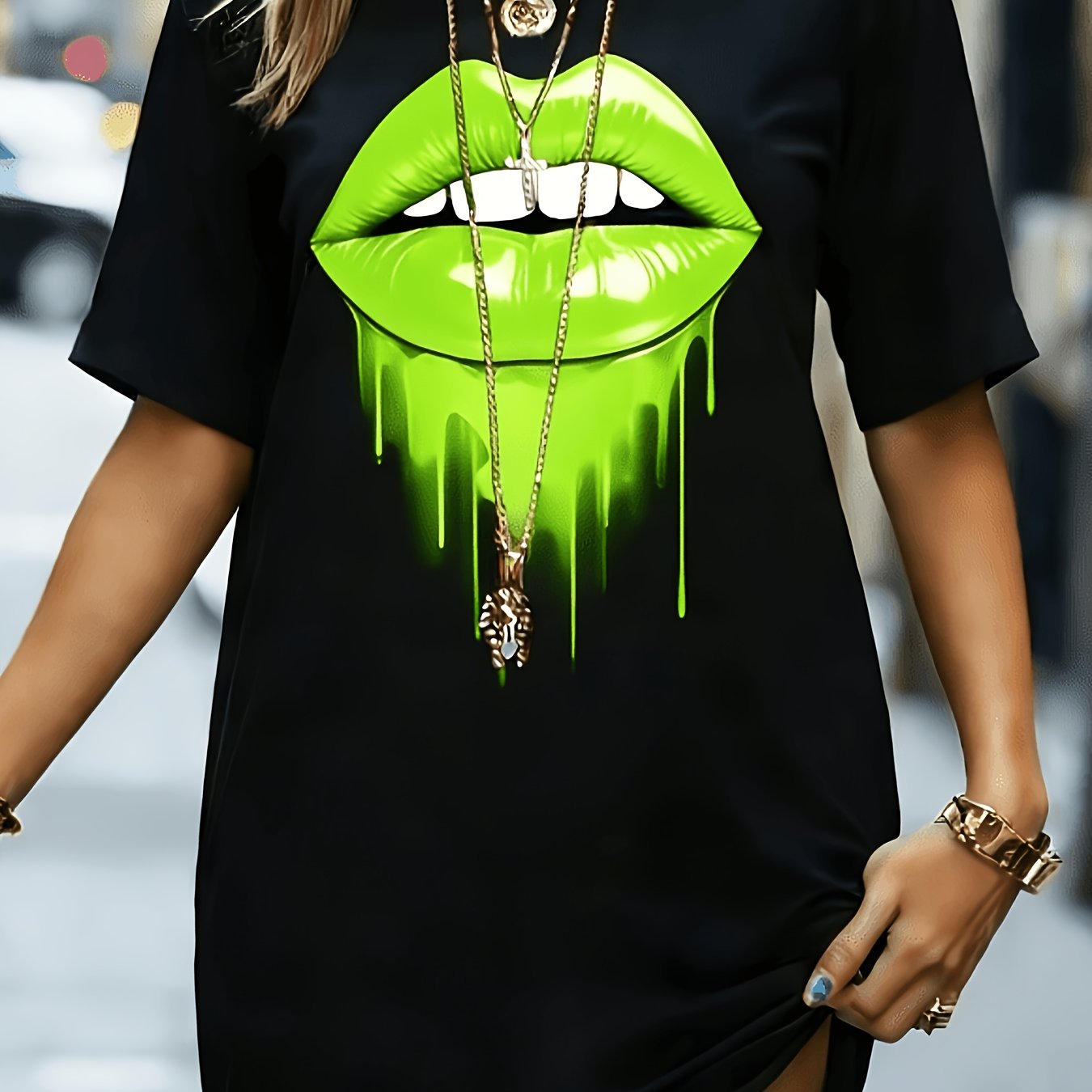 TEMU Lounge Pajamas, [2d Printed Design-not Textured] Vibrant Lips Graphic T-shirt Dress, Trendy Y4k Casual Top, Baddie Streetwear, Pattern T-shirt