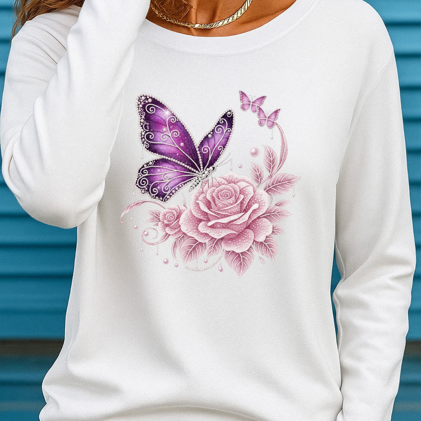TEMU Plus Size Women's Elegant Rose Print Blouse - Long Sleeve Round Neck Casual Winter Top, Non-sheer Machine Washable Fall/winter T-shirt (style )