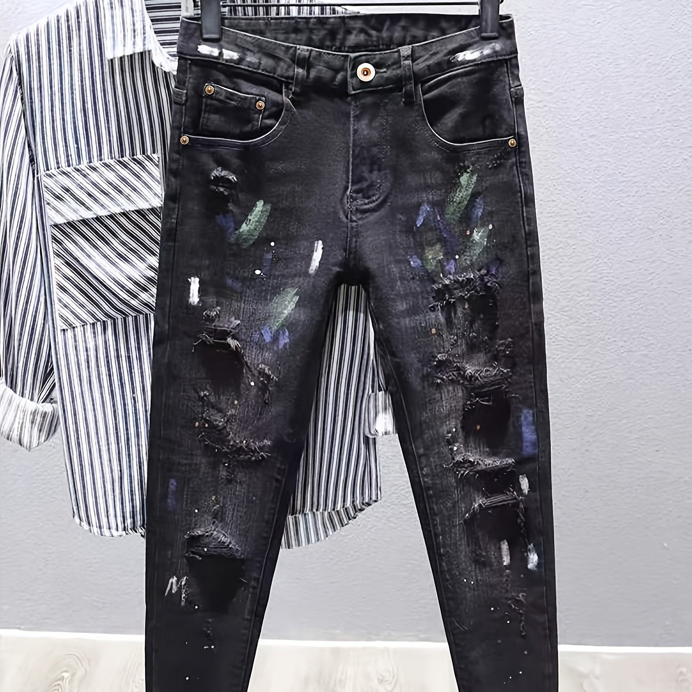 Image of 's Ripped Jeans Slim Straight Washed Denim Urban Casual