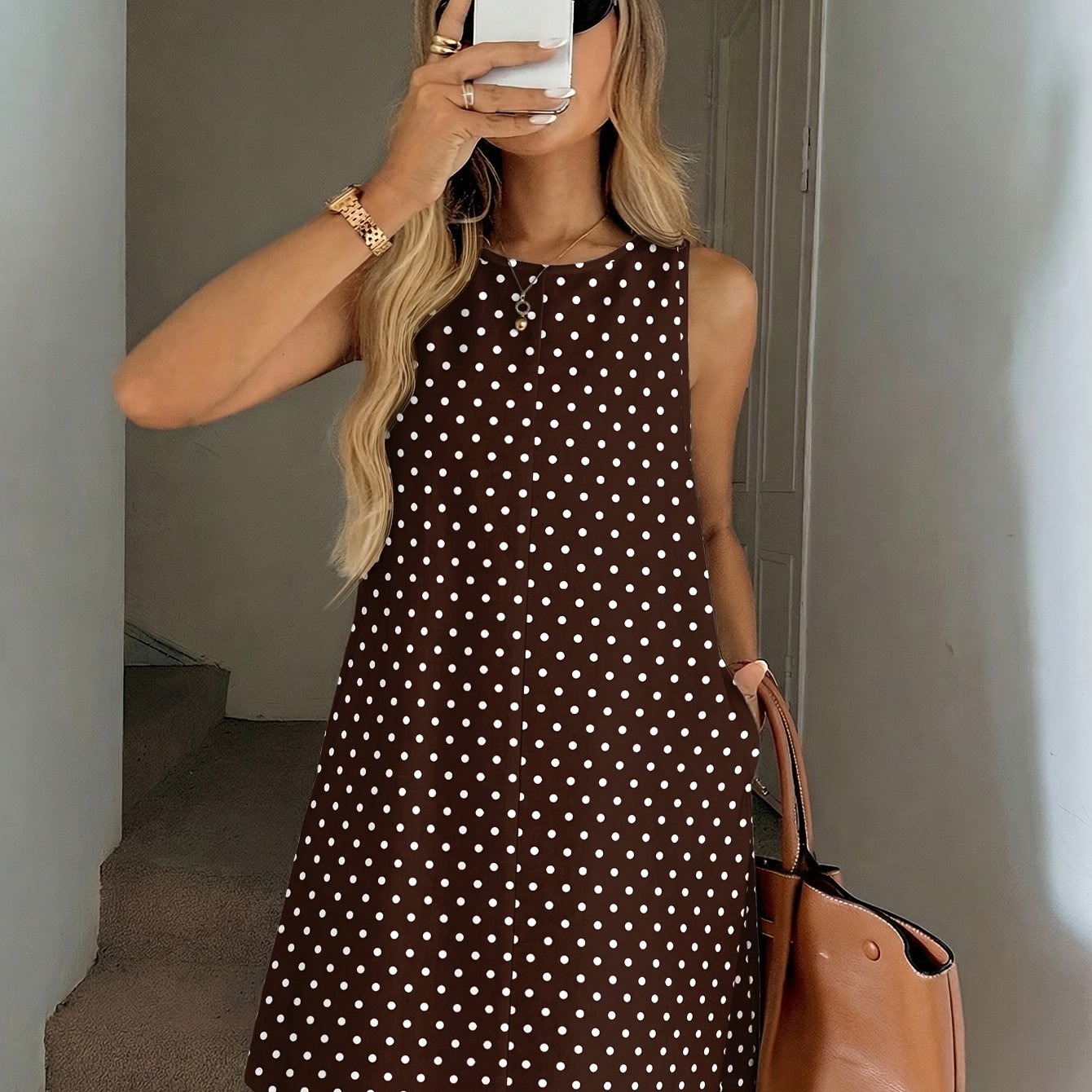 TEMU Women's Casual Sleeveless Polka Dot A-line Dress With , Elegant Vacation Outfit, Style, Women's Summer Dress