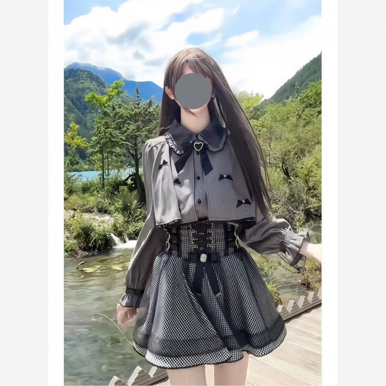 TEMU 和風ニッチサブ リボン付き長袖シャツトップ 新作ハイウエスト 若返りハーフスカート ツーピースセット