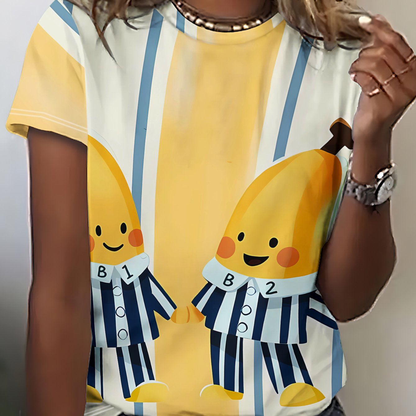 TEMU New Summer Women's Short-sleeve T-shirt, Featuring 2 Smiling Banana Figures In Blue And White Striped Pajamas, Looking Adorable - Polyester