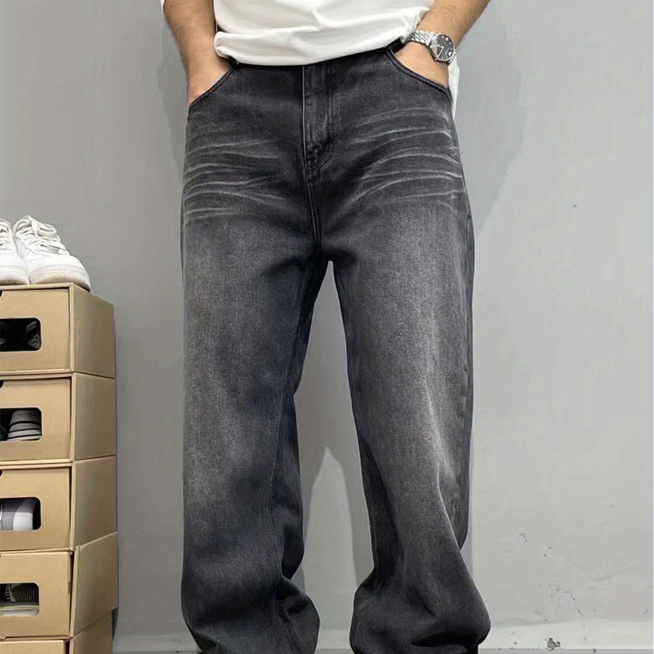Image of Boys' Black Jeans, Versatile New Style Pants, Washed Casual Long Trousers, Youth Loose Straight-leg Pants, For Teenager
