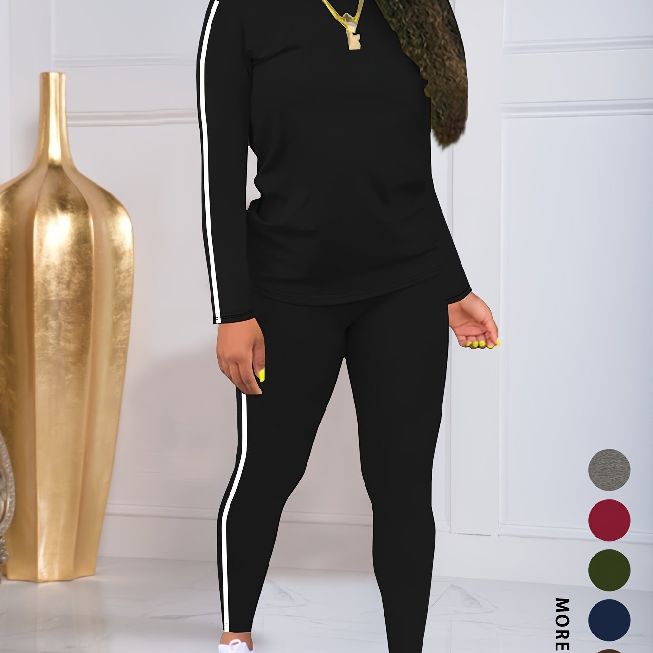 Women's Fashion Elastic Waist Pants Set With Round Neck Long Sleeve Two-piece Suit