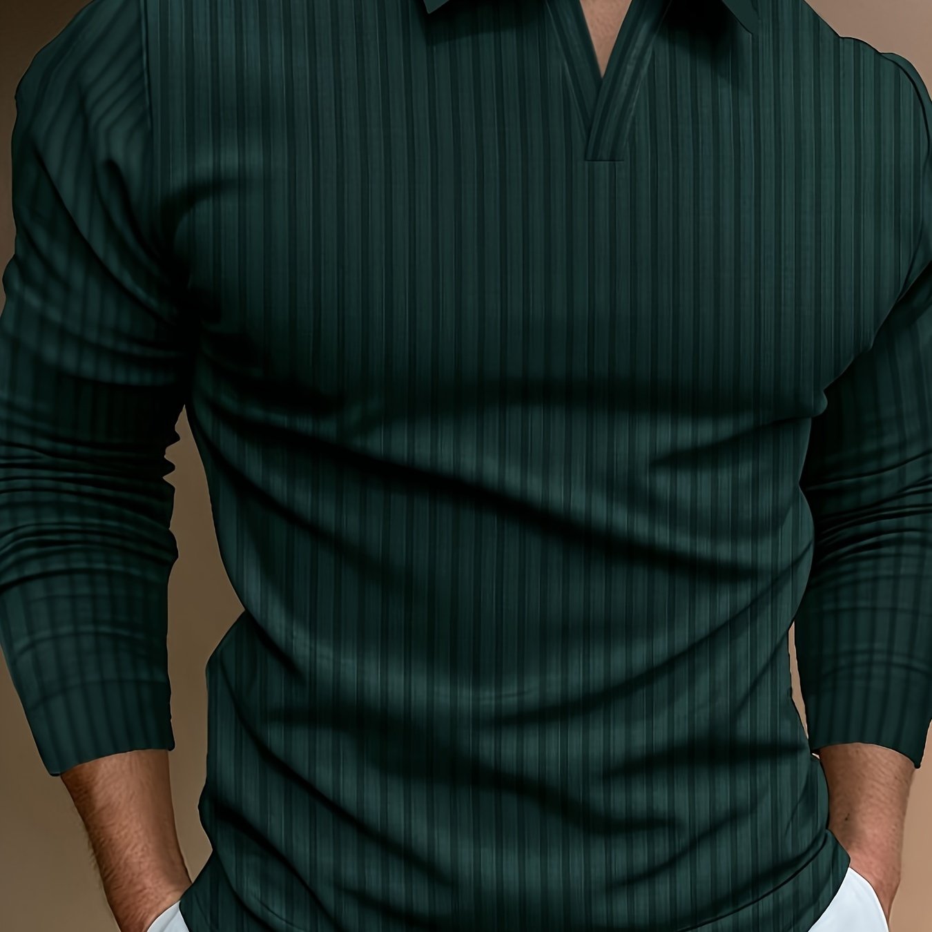 TEMU Ribbed Men's All-match Sweetheart V-neck Long Sleeve Lapel Shirt, Spring Fall Outdoor Activity
