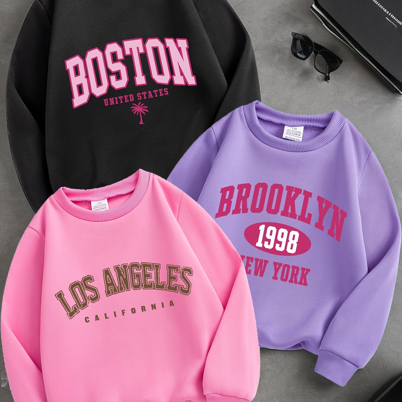 Set Of 3 Letter Print Sweatshirts, Round Neck Casual Long Sleeve Hoodies For Autumn And Winter, For Girls