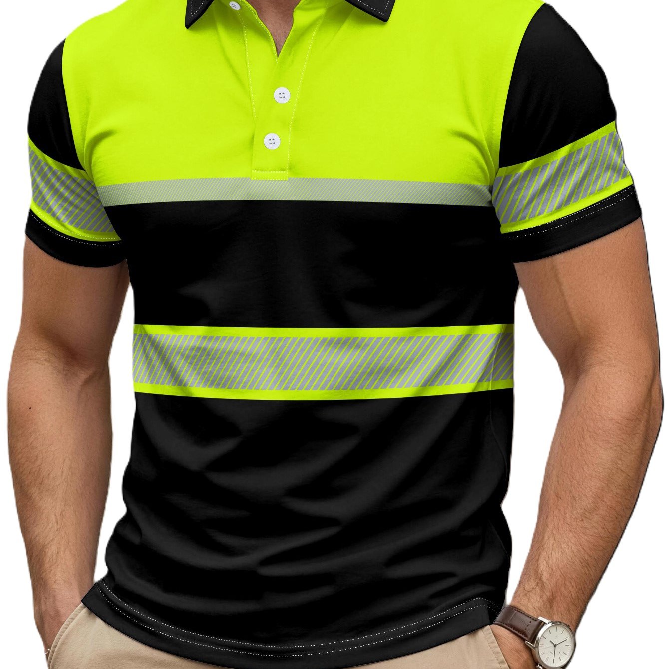 TEMU Print Design - Not Textured Men's Shirt. Striped Collar Short Sleeve Top, Polyester Fabric. Horizontal Stripe Pattern Print, Casual Fashion,