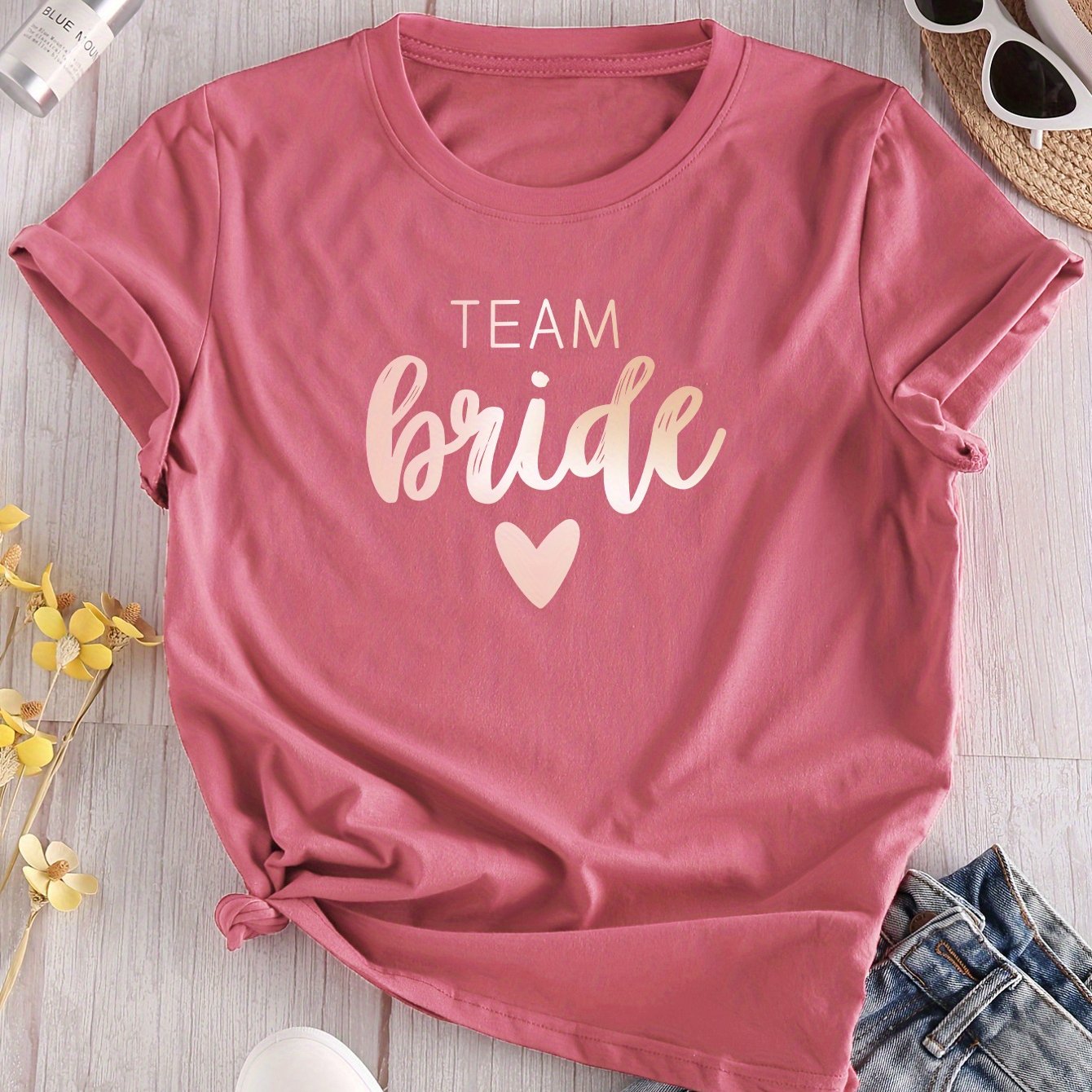 TEMU Un haut décontracté à col rond et manches courtes pour mariée, lavable en machine, longueur standard, chemise pour femmes