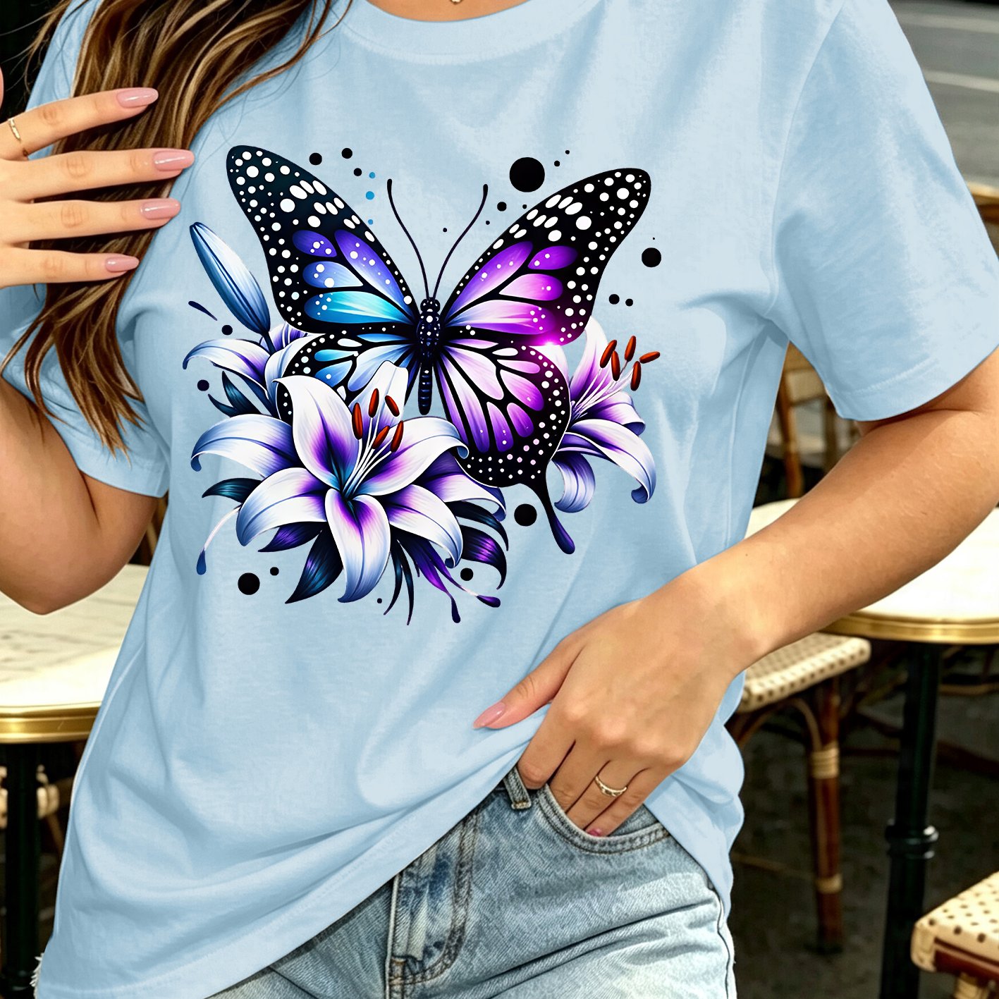 TEMU Plus Size Women's Summer Fall Clothing, Purple Blue Lily Gradient Watercolor Print Round Neck Short Sleeve T-shirt, Romantic Style, Casual
