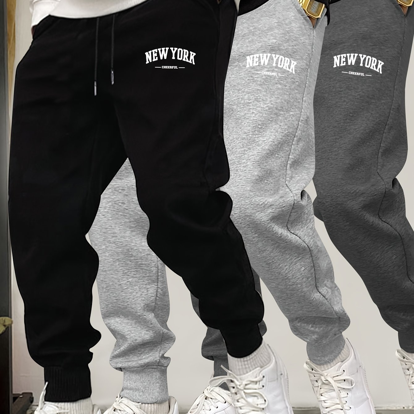 TEMU Men's Fleece Sweatpants 3pcs Autumn And Winter Warm Long Pants 3pcs Casual Sports Long Pants Adjustable Drawstring Pants Men
