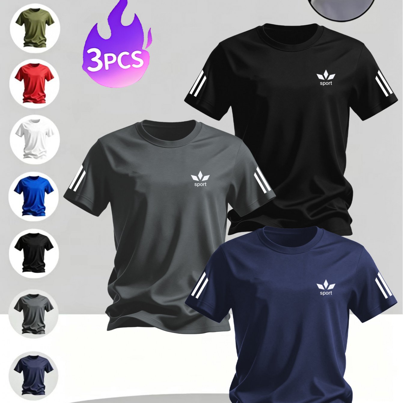 TEMU 3pcs Assorted Print Pattern /navy Blue Short-sleeve Men'-light Crew Neck T-shirt - Quick-drying, Breathable, Sweat-wicking Shirt, Summer Casual