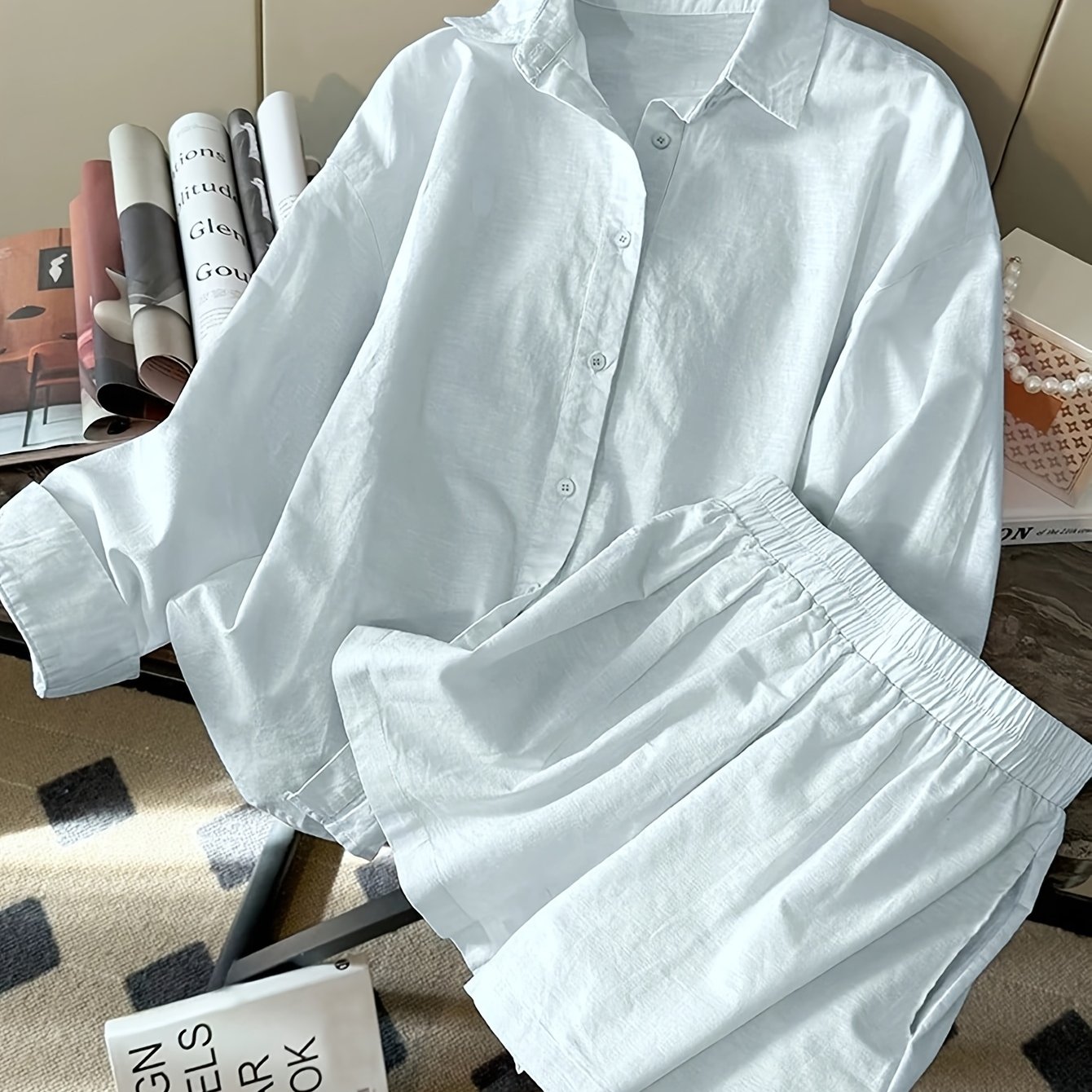 TEMU 2-teiliges Damen-Set, lässiges, schlichtes und stilvolles, lockeres Set mit Langarm-Top und Shorts