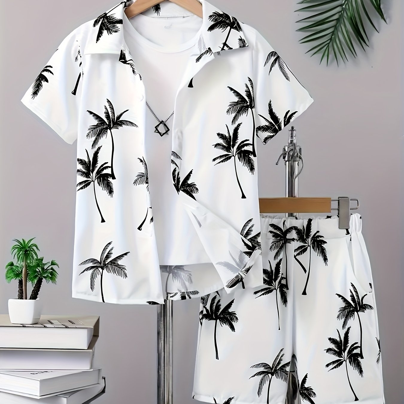 Image of 2pcs Boys' Casual Coconut Tree Pattern Printed Short Sleeve Collar Shirt And Shorts Set,, Random Color, Perfect For Outdoor,halloween