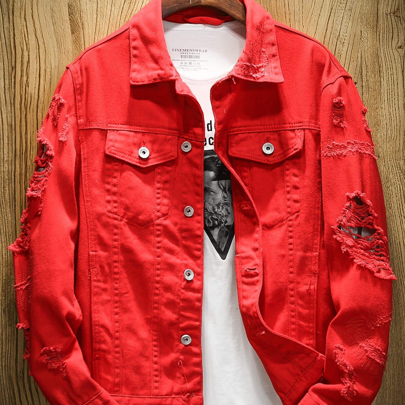mens red distressed denim jacket non stretch button front Temu