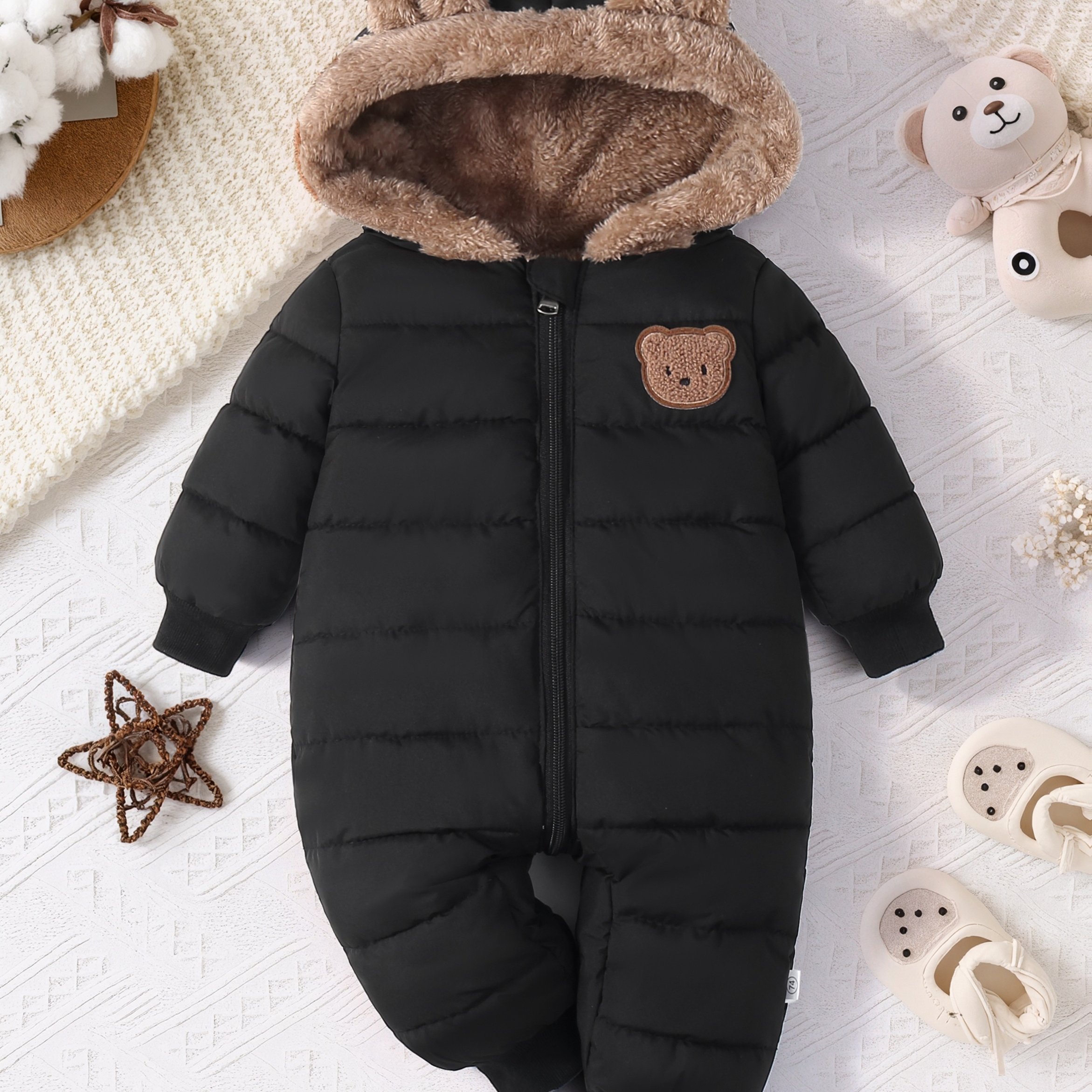 Image of Infant And Toddler Winter Bodysuit With Plush Lining For , Suitable For Outdoor And Indoor Play. -lined Bear Ear Snowsuit For Baby Boys And Girls, Halloween And Christmas
