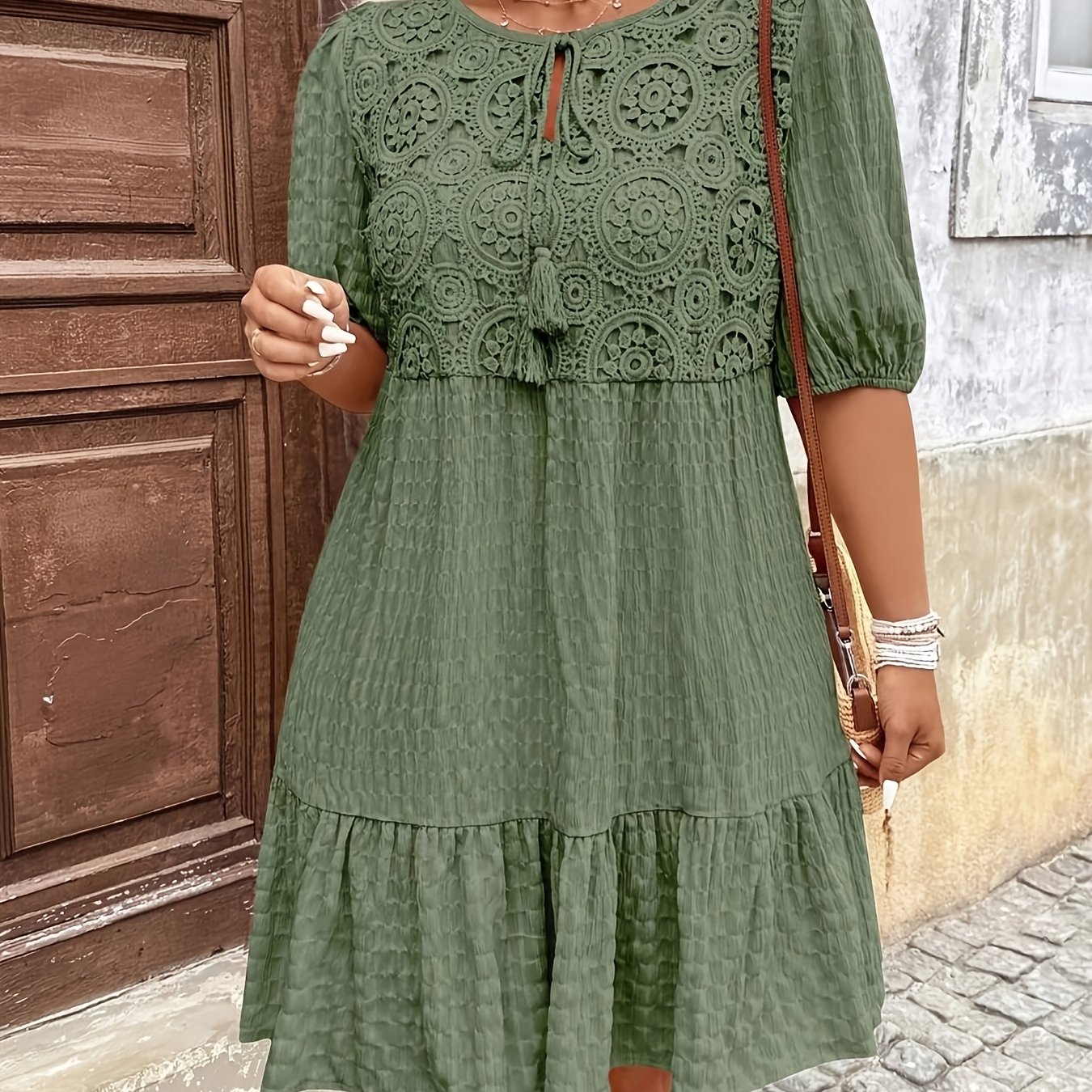 TEMU Plus Size, Plus Size Women's Elegant V-neck Elastic Waist Dress