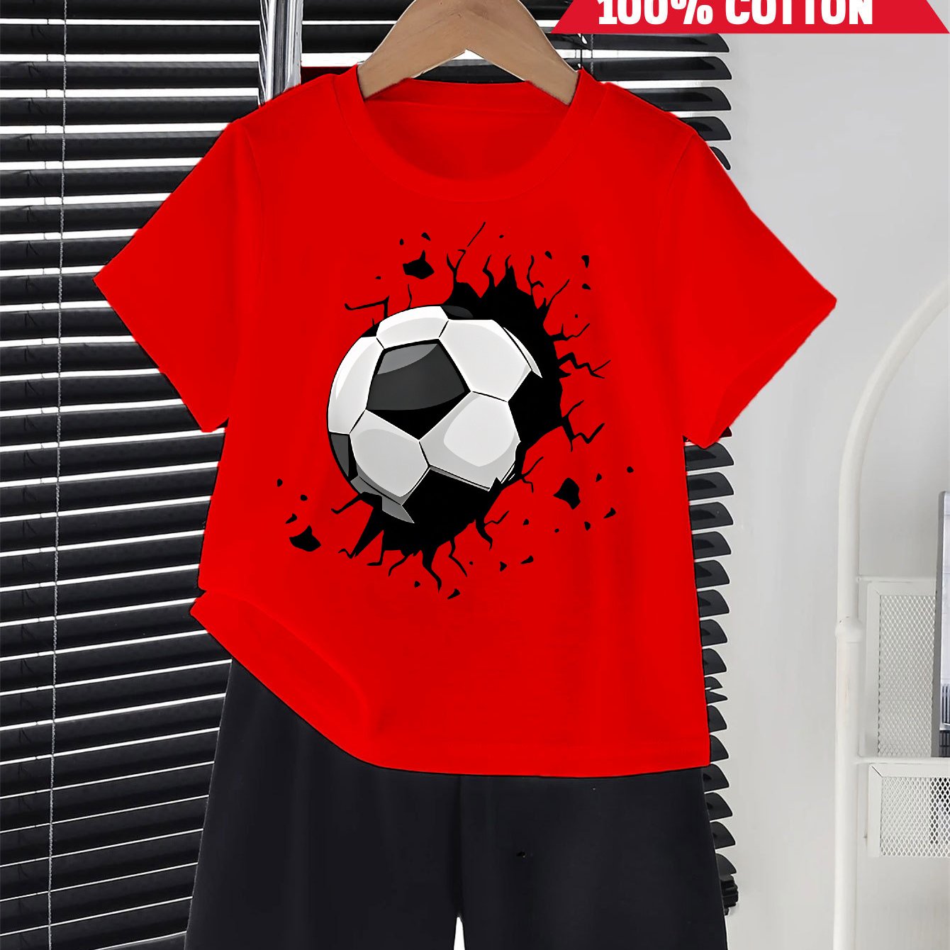 TEMU 2pcs New Summer Boys Red T Shirt With Soccer Ball Print Short Sleeved 100% Cotton T-shirt And Shorts 2pcs Set Perfect For Outdoor, Perfect For