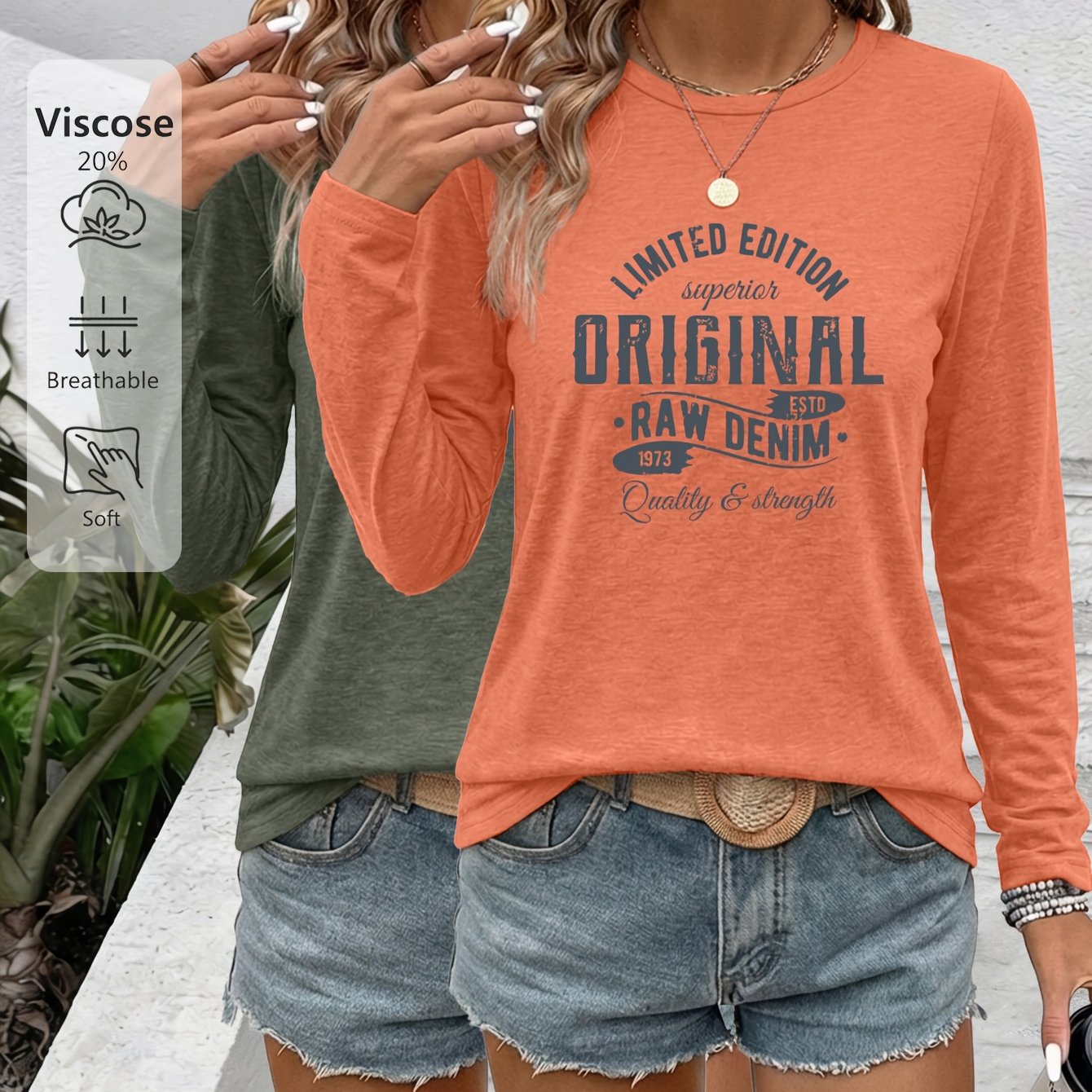 TEMU 2pcs Outdoor Travel Vintage Workwear Round Neck Long Sleeve Set, Full Layout 1973, Denim, Edition Distressed Vintage Print, Soft And