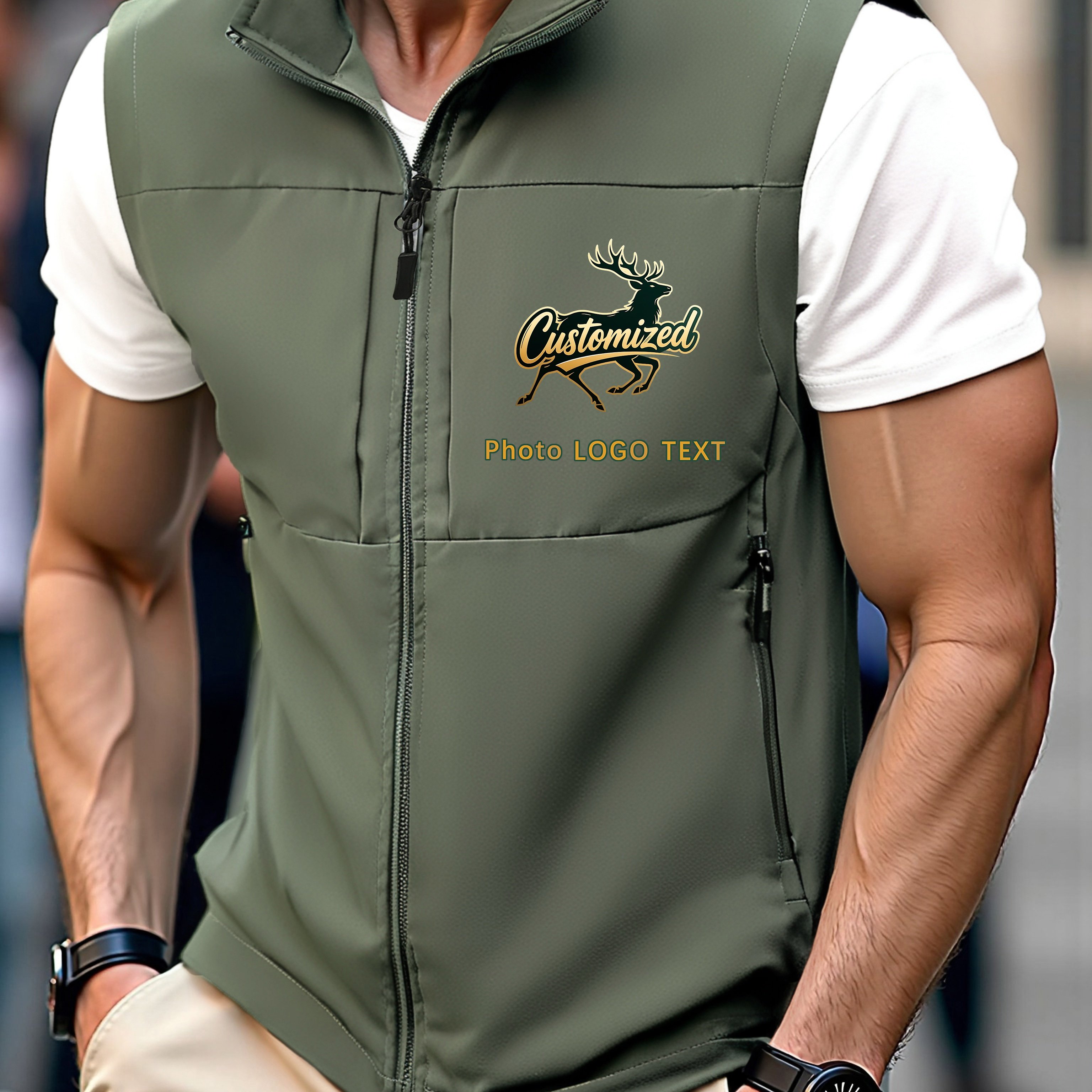 TEMU Custom Men's Vest With Image, Text, And Logo - Spring/summer Fashion Outdoor Vest With Multiple Pockets, Sports Photography Casual Sleeveless