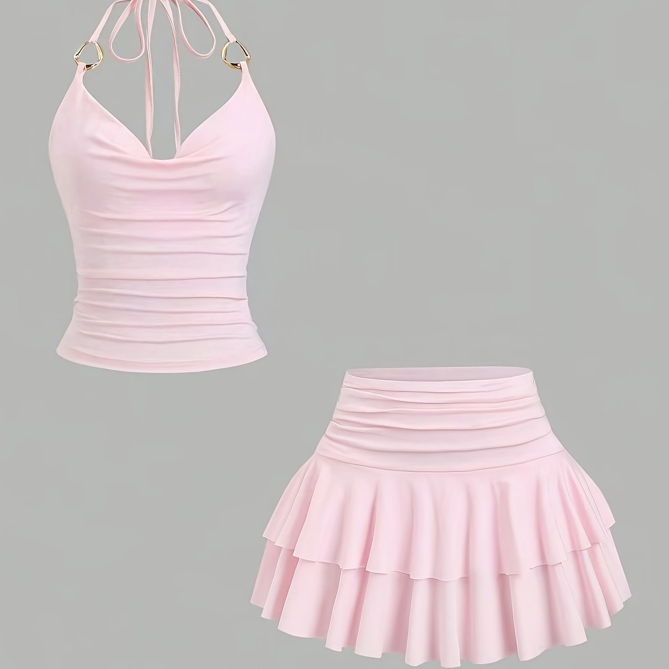 TEMU Ensemble d'été rose , débardeur pour femme et jupe assortie avec ceinture à boucle en métal