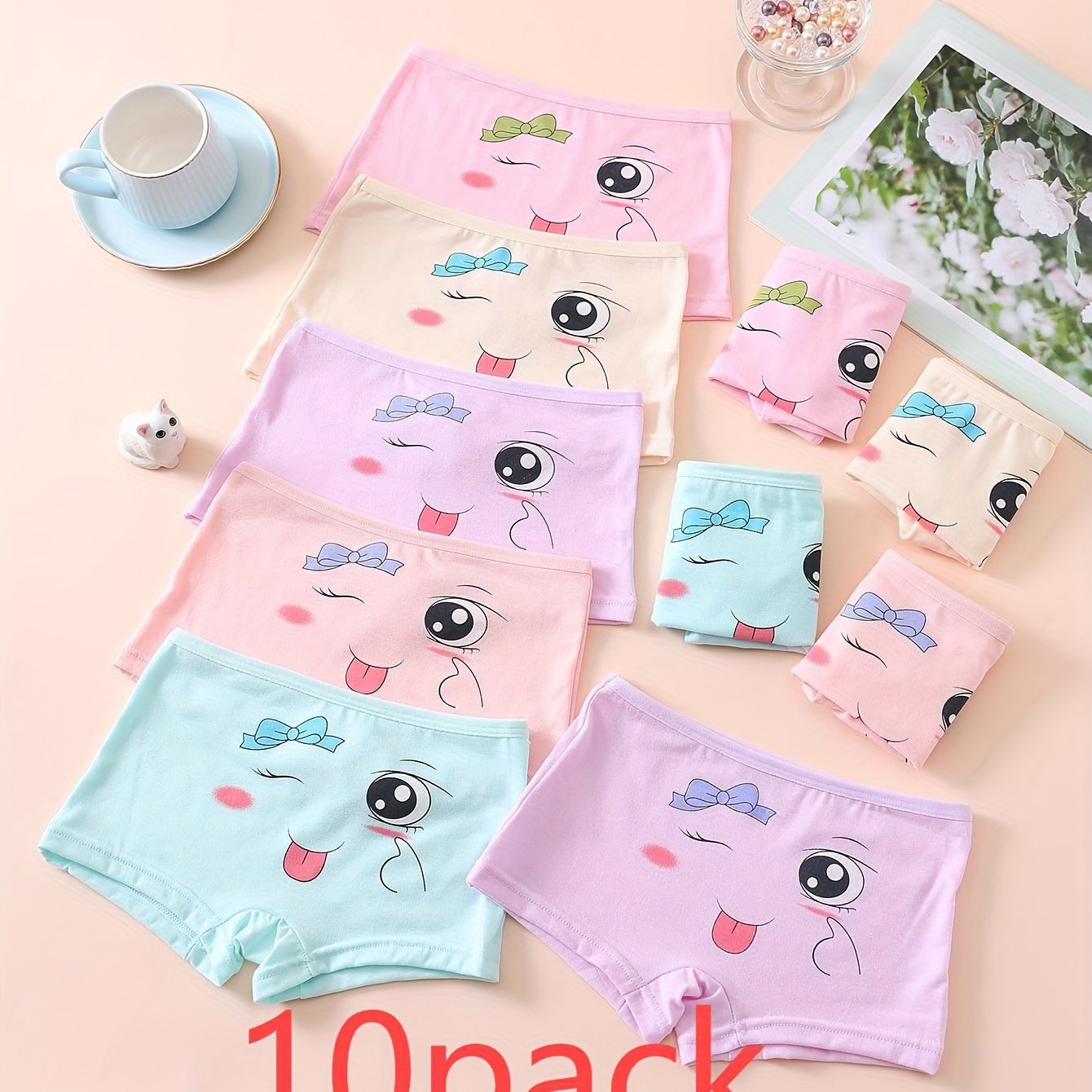 10 Pairs Random Color Cartoon Happy Face Comfortable Soft Girls' Boxer Briefs