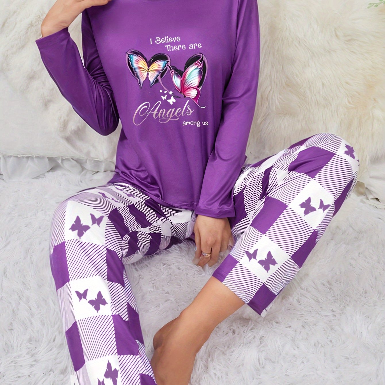Image of Women's Purple Casual Autumn Winter Pajama Set, Comfortable Long Sleeve And Loose Fit Checkered Pants