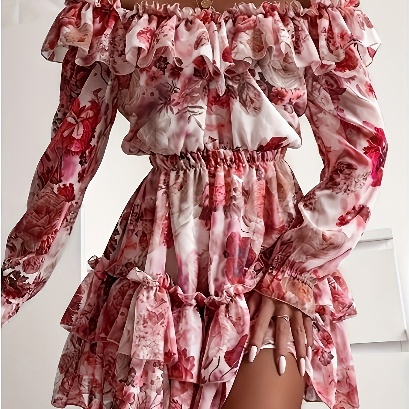 E-shop Blumenmuster Trägerloser Rüschenärmel Bubble-Sleeve Rüschensaum Kleid YT
