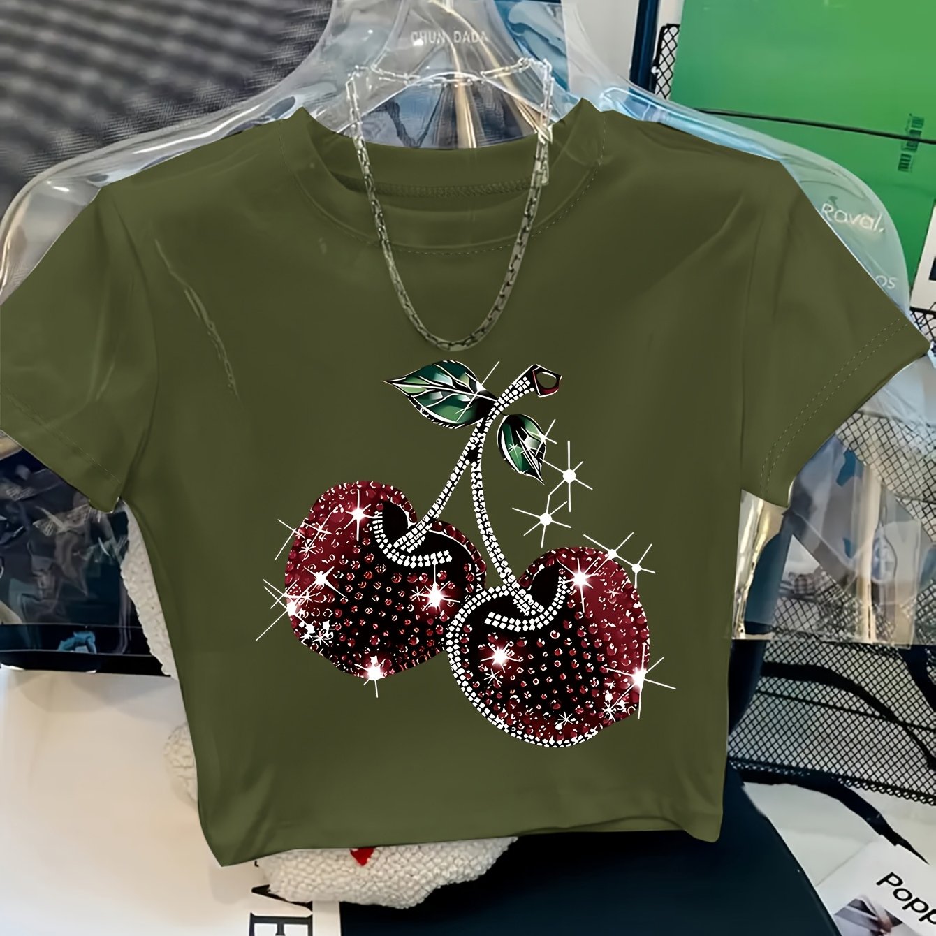 TEMU Women's Y2k Cherry Print Cropped T-shirt - Short Round Neck Top With Cherry Motif, Soft Comfortable Fabric, Casual & Layering Piece For Outfits,
