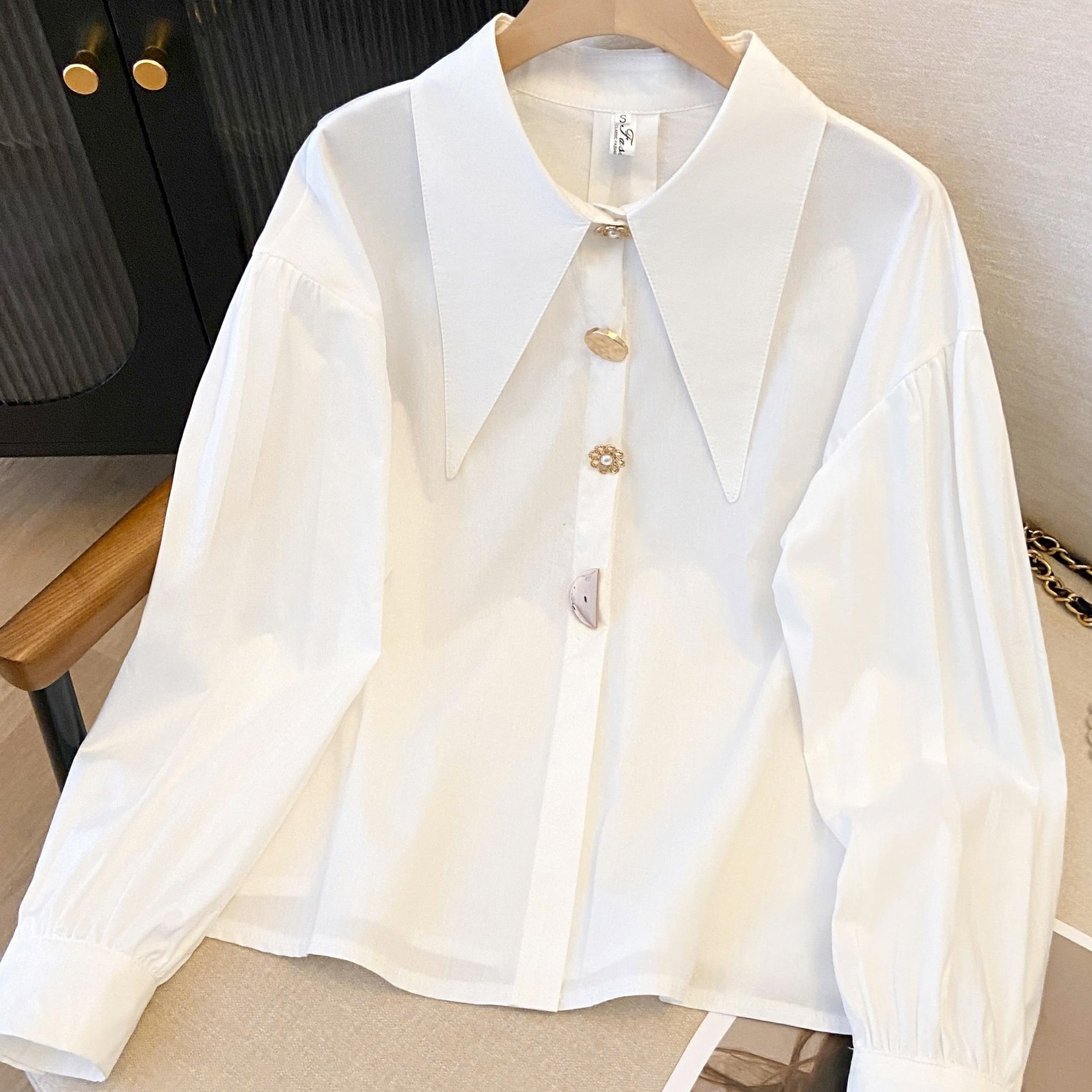 Elegant, Pointed Collar, Chic, Single Row Button, Loose Lantern Sleeve Shirt, Top for Women