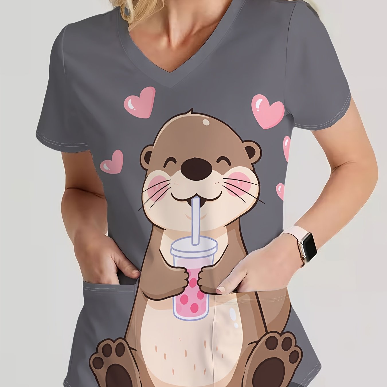 TEMU Elegant And Beautiful Women's Fashion V-neck Short-sleeve Top, Featuring An Adorable Print Of A Cute Otter Drinking Milk Tea With A Heart-shaped