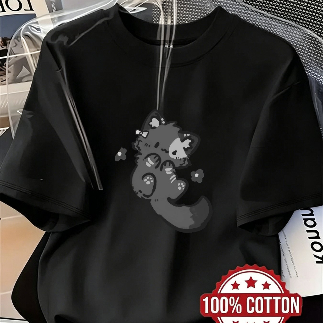 Image of Summer Women's 100% Round Neck Short Sleeve T-shirt, Y2k Grey Cartoon Fox With Floral Print, Machine Washable Casual Comfortable Tee, Local Warehouse, Wedding-ready Elegant Style