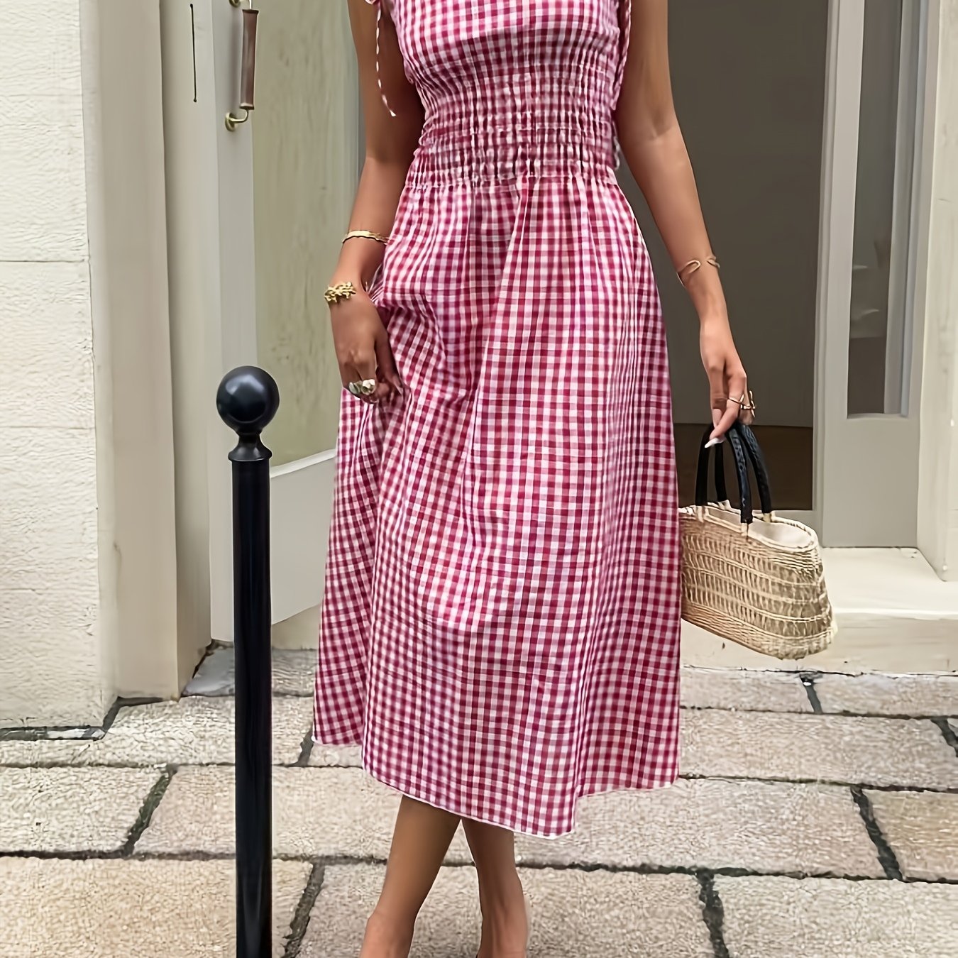 TEMU Women's Spring/summer Dress, Designed For Women, Featuring Shoulder Bow Ties And A Waistband. This Casual, Minimalist Perfect For Vacation And