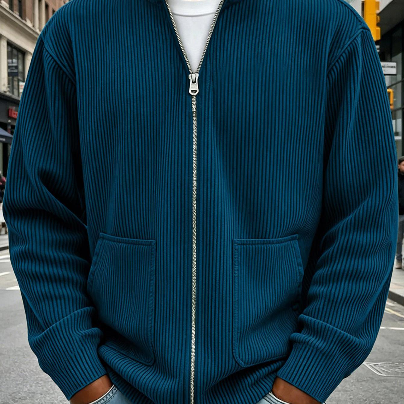 Image of Men's Fashion Solid Color Casual Zippered Pockets Long Sleeve Sweater Jacket Versatile Items Suitable For Changing