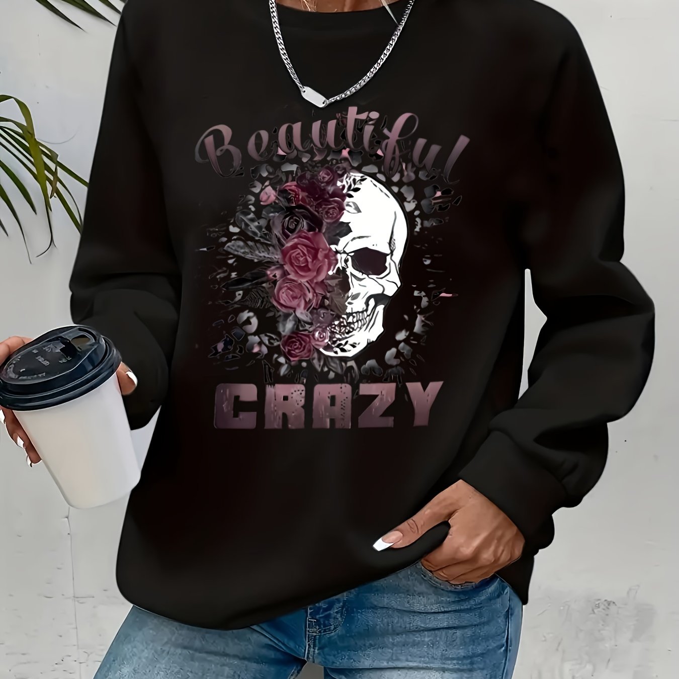 Skull Print Pullover Sweatshirt, Casual Long Sleeve Crew Neck Sweatshirt For Fall & Winter, Women's Clothing