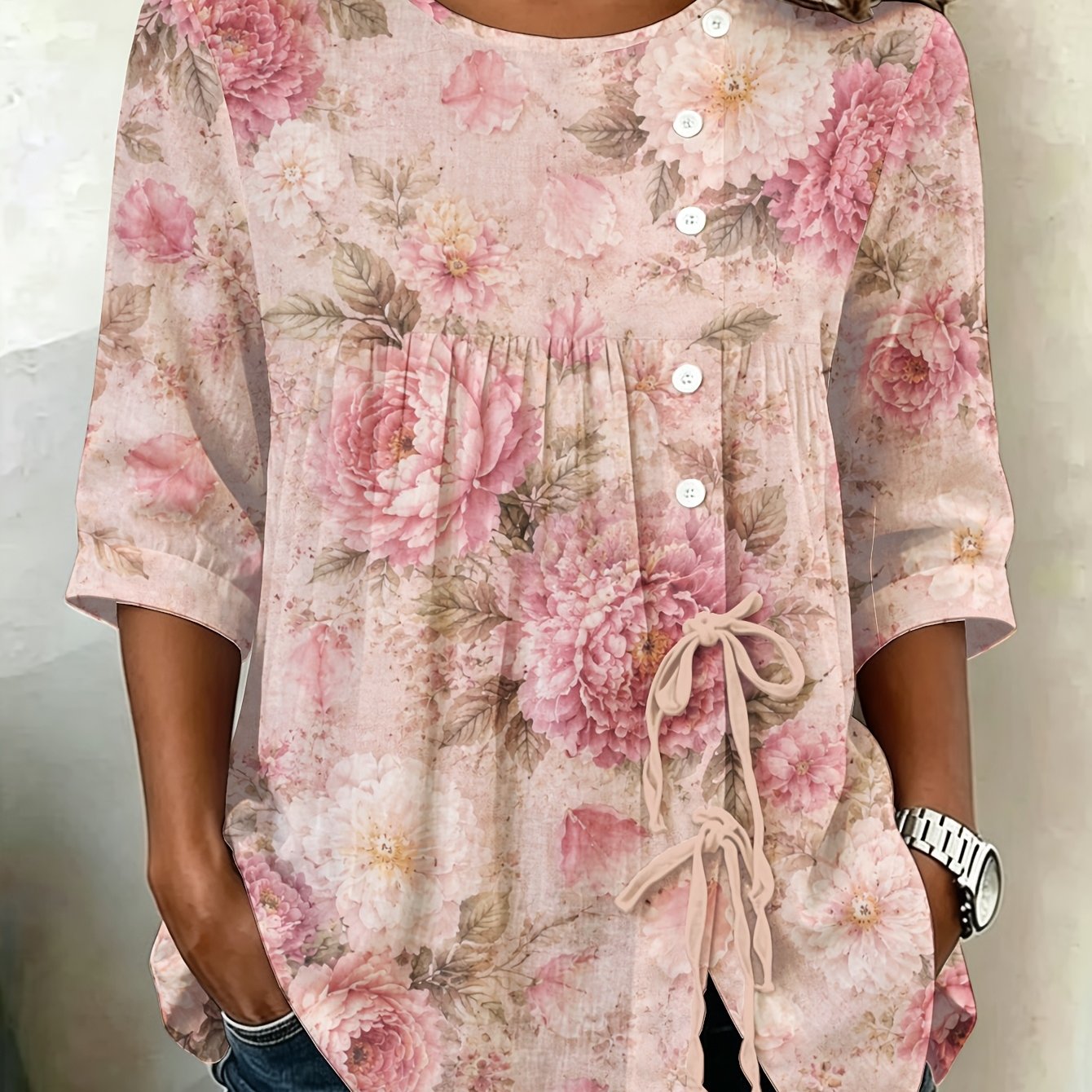 TEMU Plus Size - Vintage Peony Floral Women's Plus Size Button Tie Front Blouse Oversized Longline Essential For Spring Summer Trend Floral Pattern