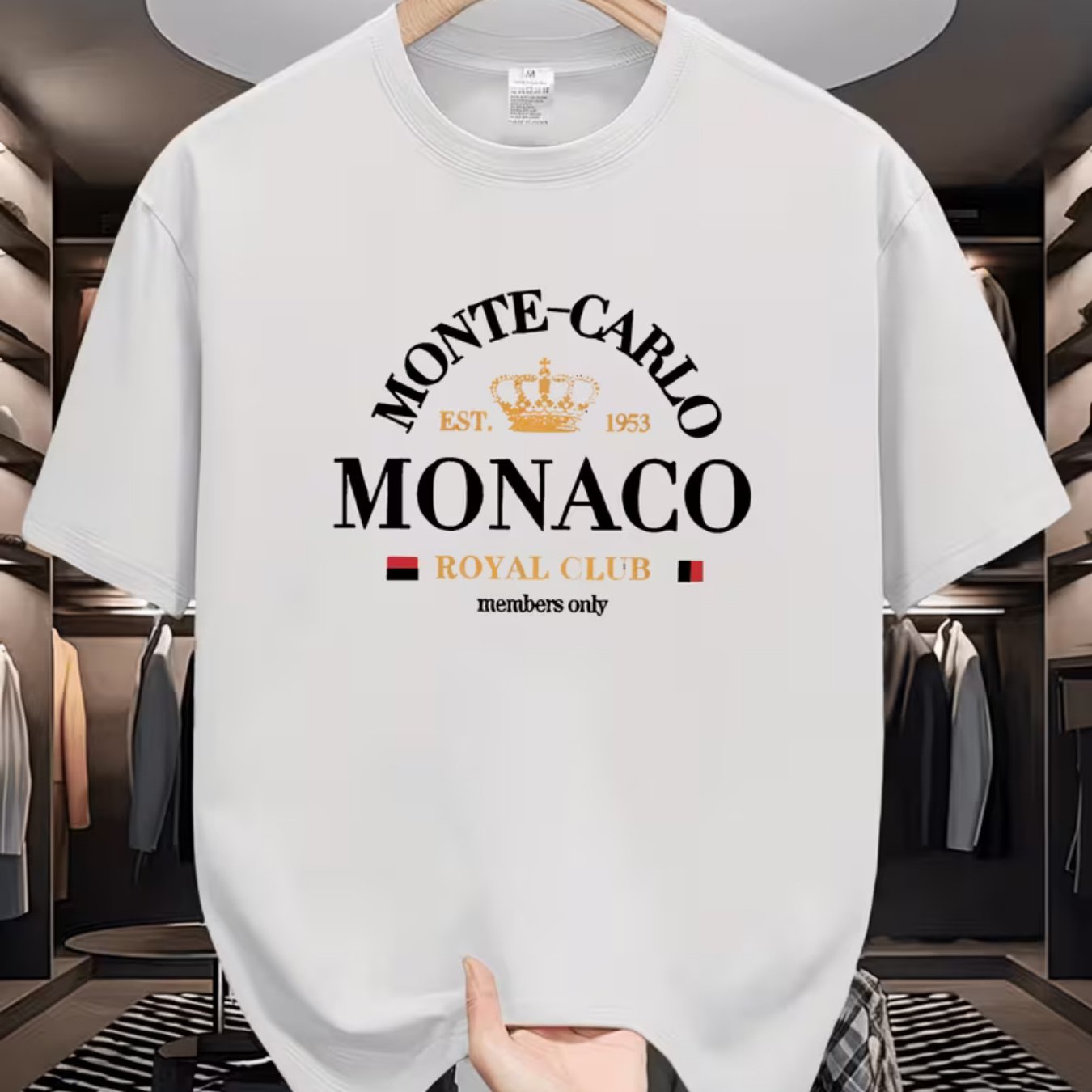 TEMU Light Luxury Monaco Crown Text Print T-shirt, Men's Trendy Versatile Short Sleeve, Casual