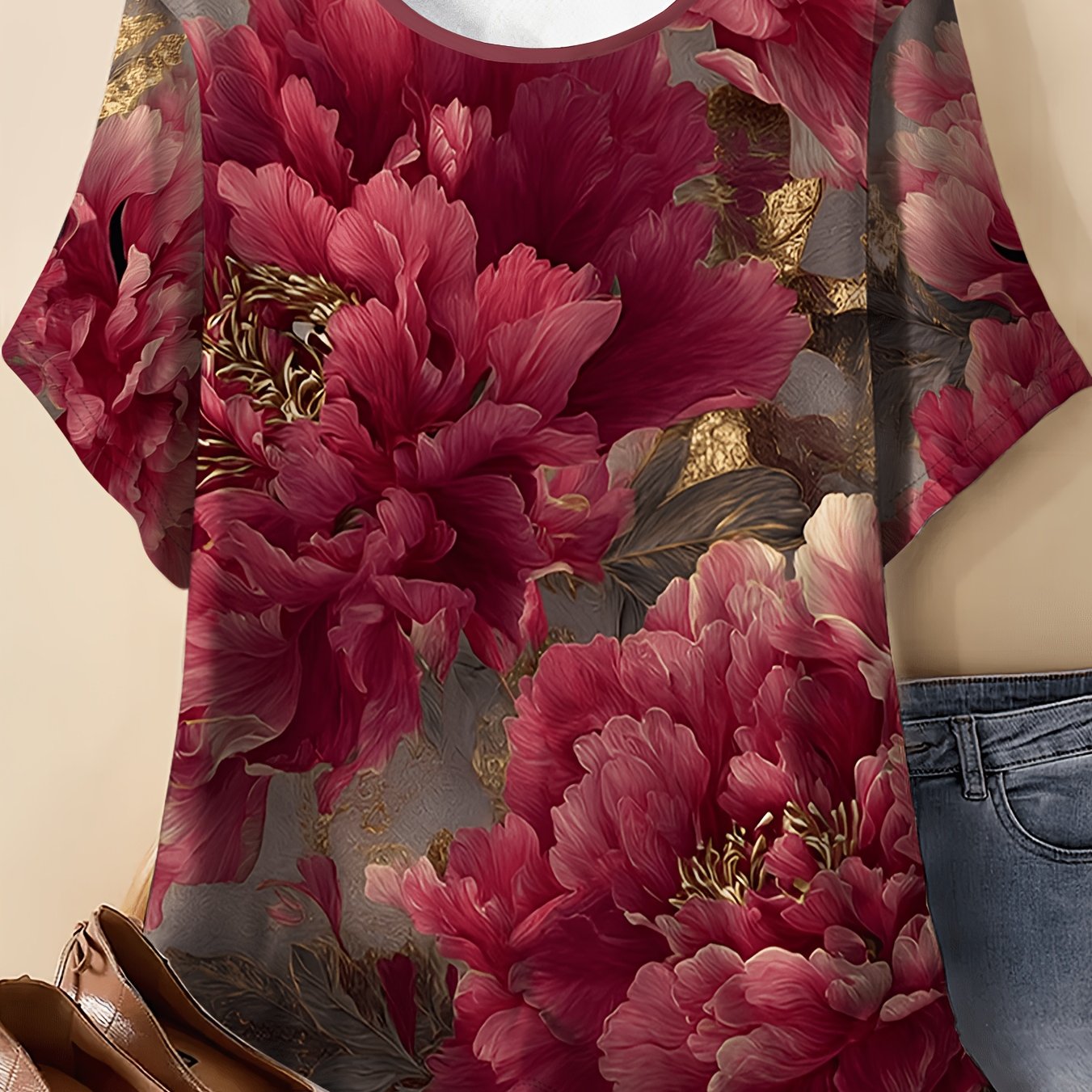 TEMU Women' Plus Size Wine Red Chinese Peony Print T-shirt - Loose Fit Round Neck Short Sleeve Blouse Suitable For Casual & -casual Wear, Machine