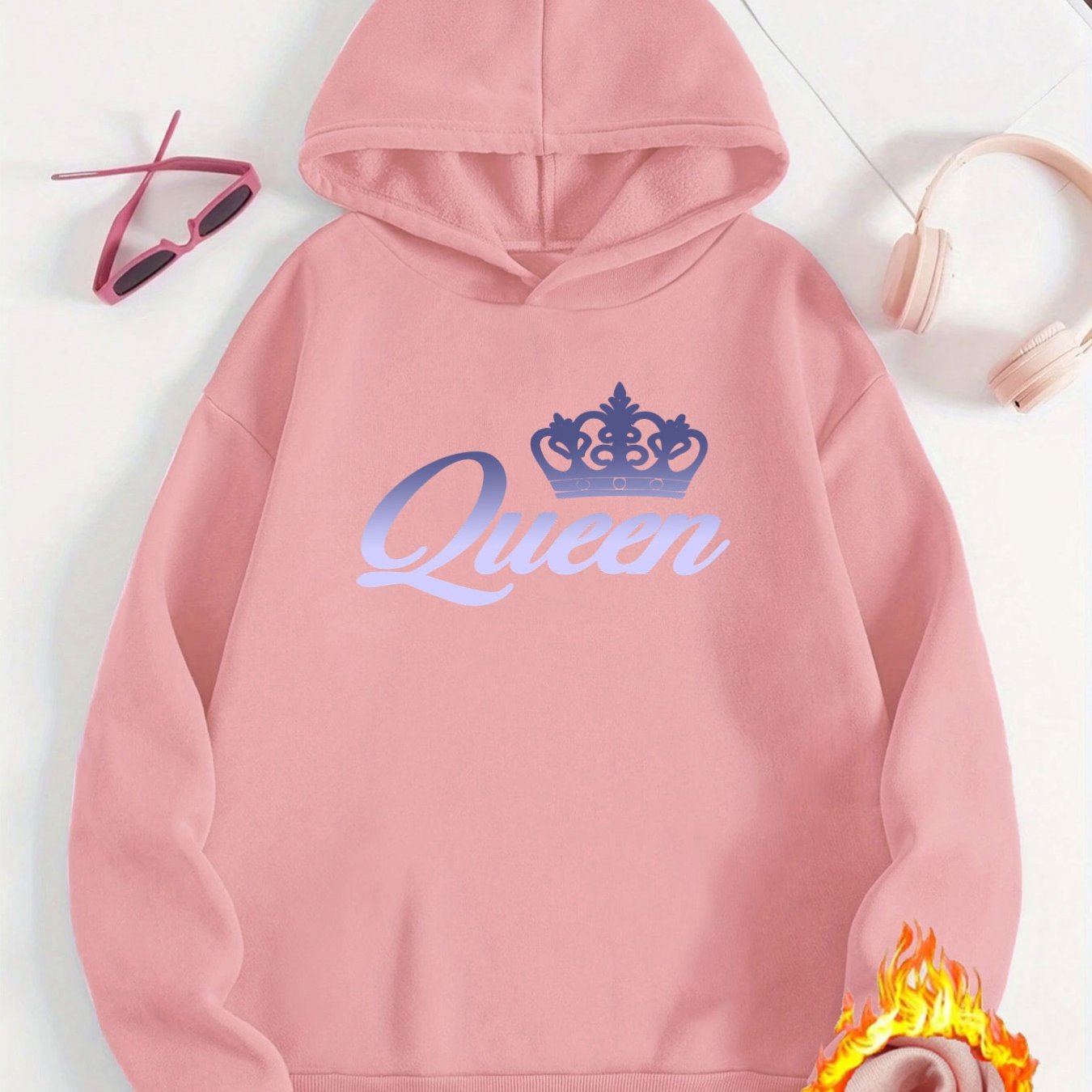 TEMU Plus Size 1pc Fashion Women's Autumn/winter Warm Hooded Sweatshirt, Elegant And Beautiful Y2k Style With Purple Crown And Queen Print,