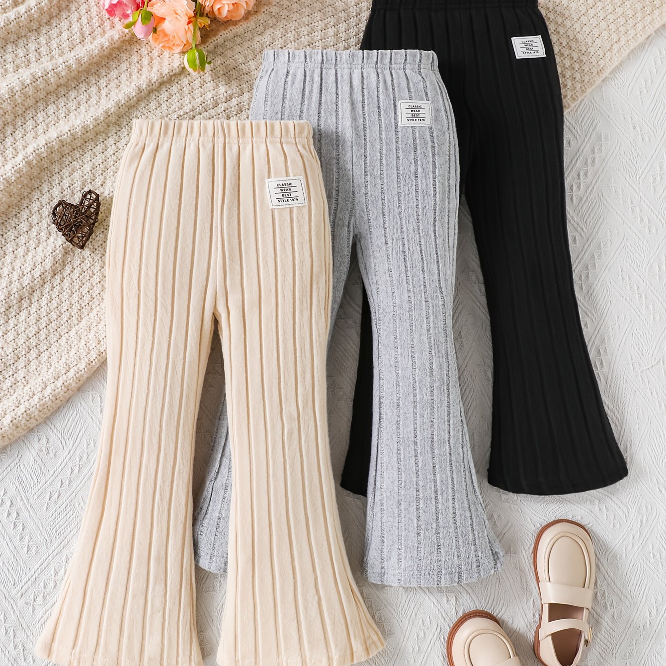 Image of 3pcs Set Young Girl Ribbed Knit Flared Brush Pants For Autumn/winter, Suitable For Outdoor Wear, Gift For Daughter, Perfect For Outdoor
